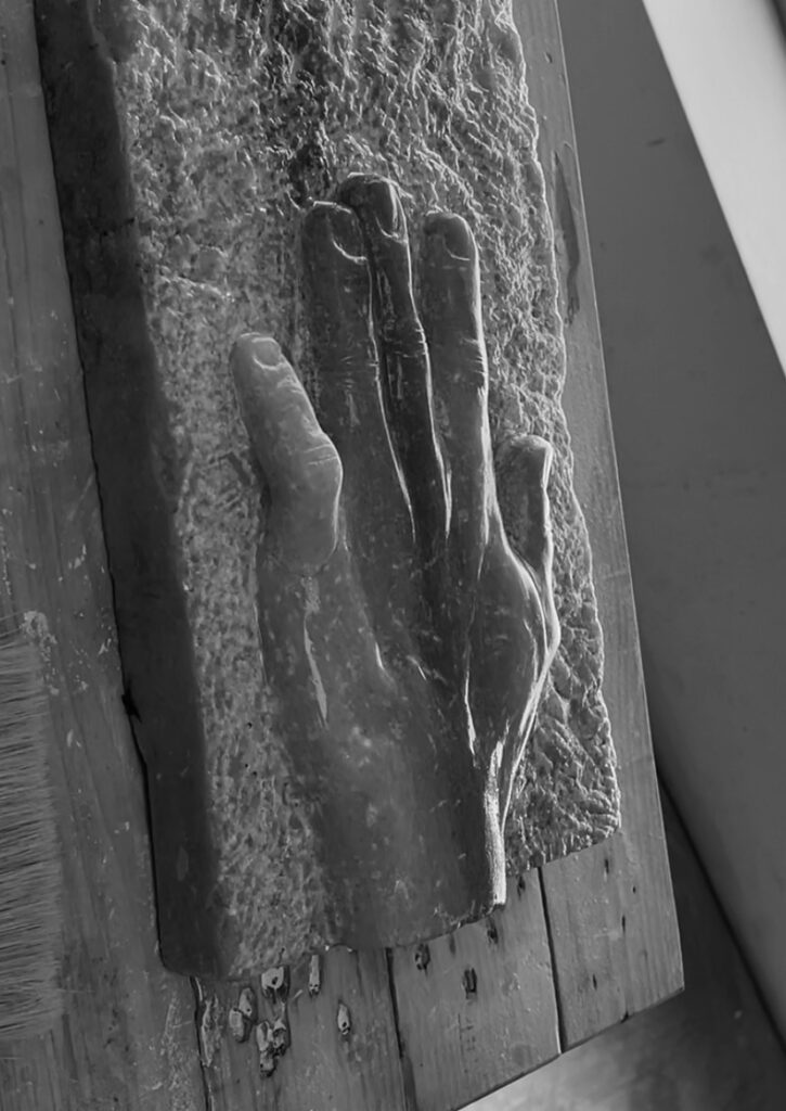 Angled detail of the marble Hand Study by Vasil Hajigrudev